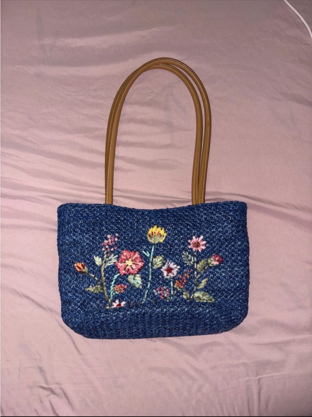 Woven Blue Floral Embroidered Tote Bag with Tan Handles